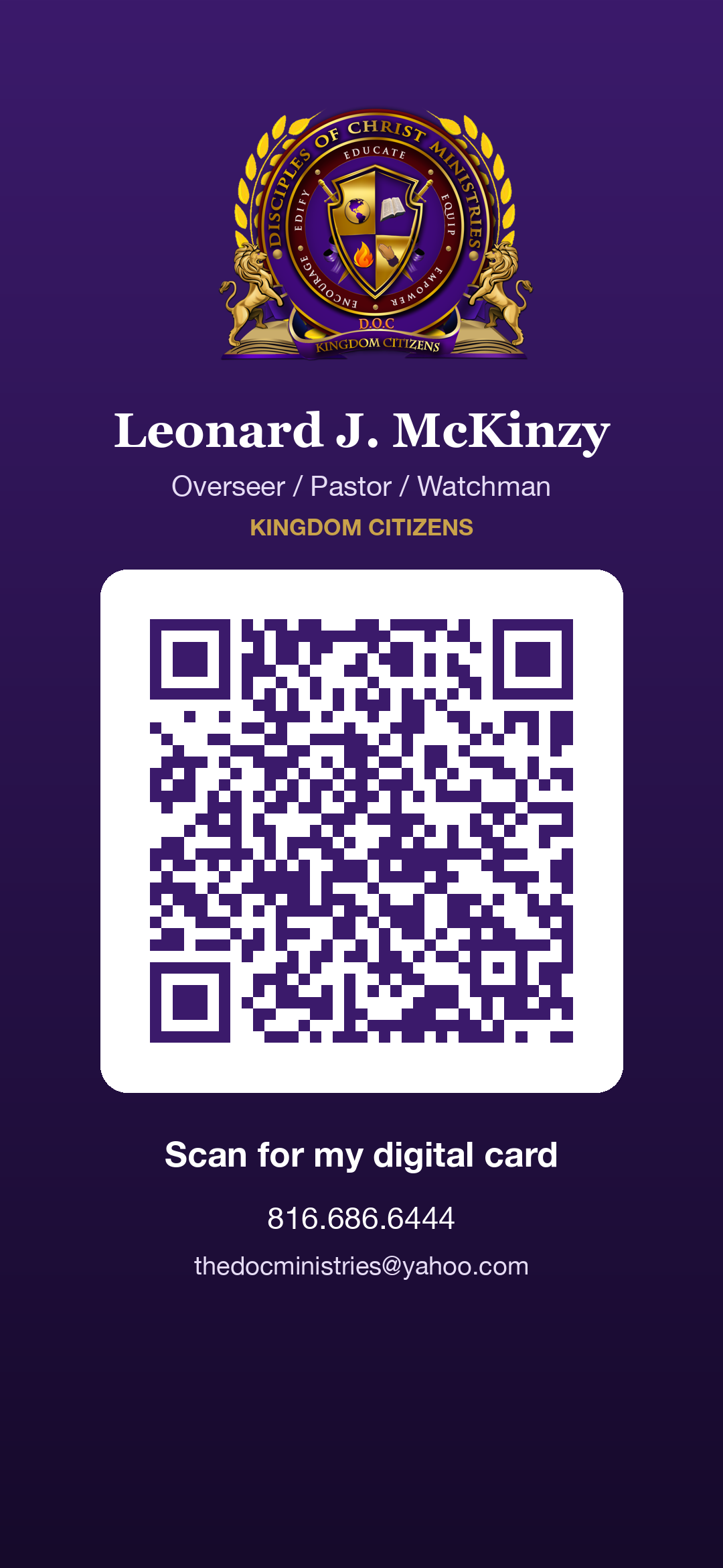 Leonard J. McKinzy | The Disciples of Christ Ministries QR code: scan to open this card